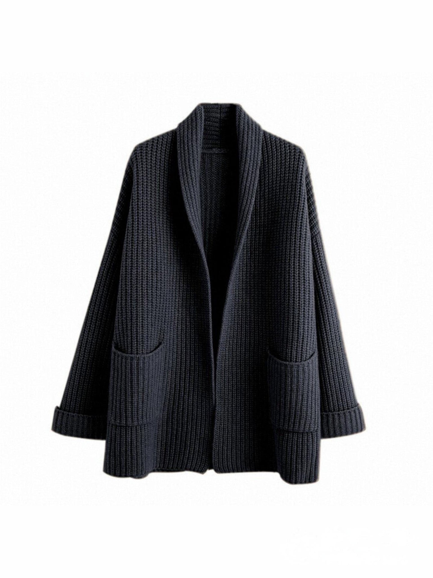 Women’s Cardigan – Oversized Fit – Thick Wool Blend – V-Neck – Ribbed – Long Sleeve – Pockets