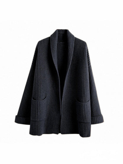 Women’s Cardigan – Oversized Fit – Thick Wool Blend – V-Neck – Ribbed – Long Sleeve – Pockets