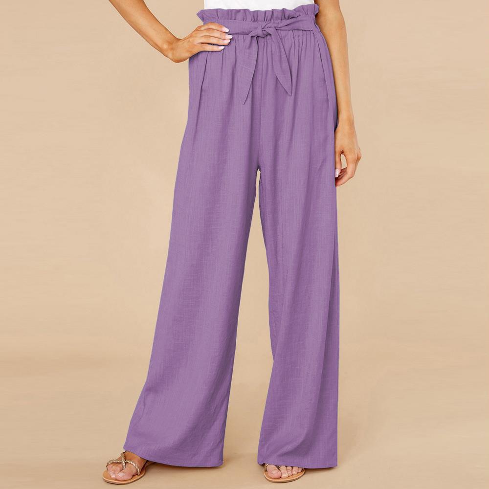 Women’s Wide-Leg Trousers – Cotton Linen Blend – High Waist – Elastic Waist with Tie Belt