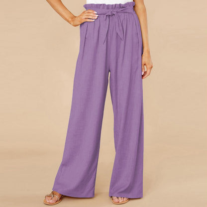 Women’s Wide-Leg Trousers – Cotton Linen Blend – High Waist – Elastic Waist with Tie Belt