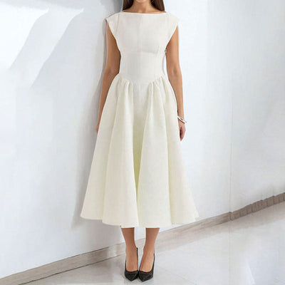 Women’s Sleeveless Midi Dress – Fitted Waist – A-Line Skirt – Back Cut-Out Elegant Style