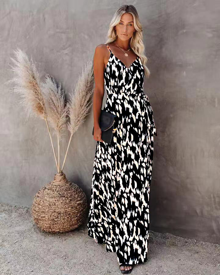 Women’s Long Dress – Slim Fit Bodice – A-Line – V-Neck – Spaghetti Straps – Printed
