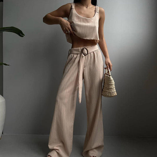 Women’s Two-Piece Set – Crop Top and Wide-Leg Trousers – Crinkled Lightweight Fabric