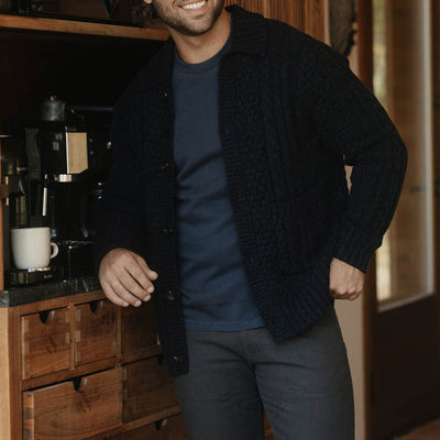 Men’s Cardigan – Wool Blend – Cable Knit – Relaxed Fit – Button-Up with Collar Pockets
