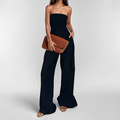 Women’s Strapless Jumpsuit – Satin Feel – Tailored Bodice – Wide Leg Elegant Fit