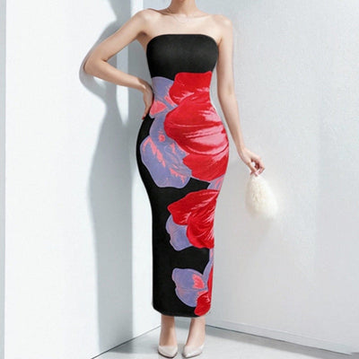 Women’s Strapless Dress – Slim Fit – Full Length – Bold Floral Print – Evening Wear