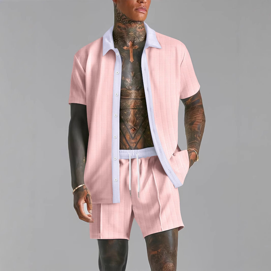 Men’s Shirt and Shorts Set – Cotton Blend – Relaxed Fit – Revere Collar – Drawstring Waist