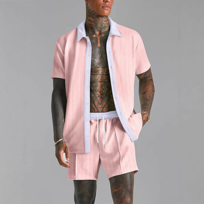 Men’s Shirt and Shorts Set – Cotton Blend – Relaxed Fit – Revere Collar – Drawstring Waist