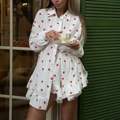 Women’s Loungewear Set – Cotton Blend – Relaxed Fit – Long Sleeve Shirt & Ruffle Shorts