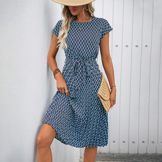 Women’s Midi Dress – Relaxed Fit – Tie Waist – Short Sleeve – Breathable Blend – Graphic Pattern