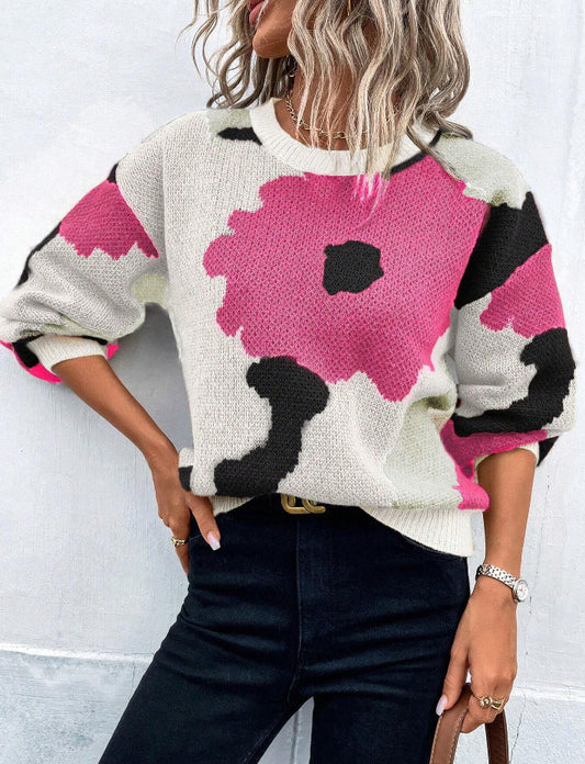 Women’s Pullover Sweater – Knit Fabric – Relaxed Fit – Round Neck – Balloon Sleeves – Patterned