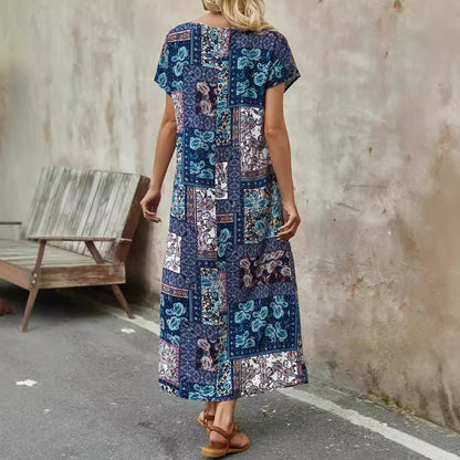 Women’s Long Dress – Relaxed Fit – Short Sleeve – Patchwork Paisley – Breathable Blend