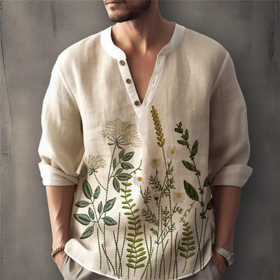 Men’s Henley Shirt – Relaxed Fit – Floral Embroidery – Cotton