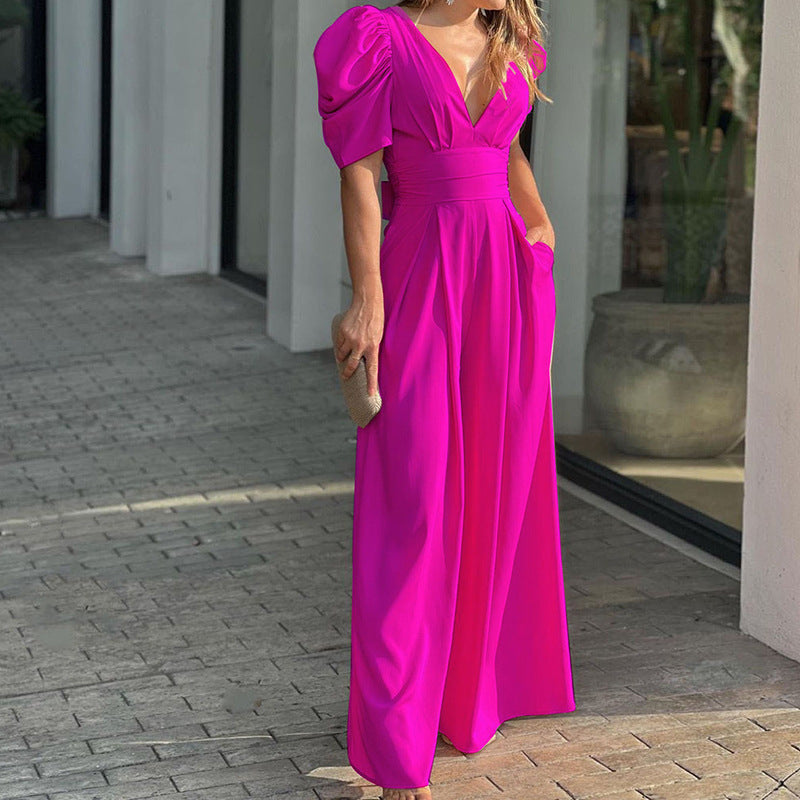 Women’s Jumpsuit – Wide Leg – Puff Sleeve – V-Neck – Cinched Waist – Full Length