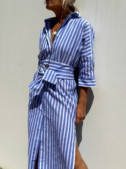 Women’s Shirt Dress – Relaxed Fit – Cotton Blend – Geometric Print – Button Down – Midi Length
