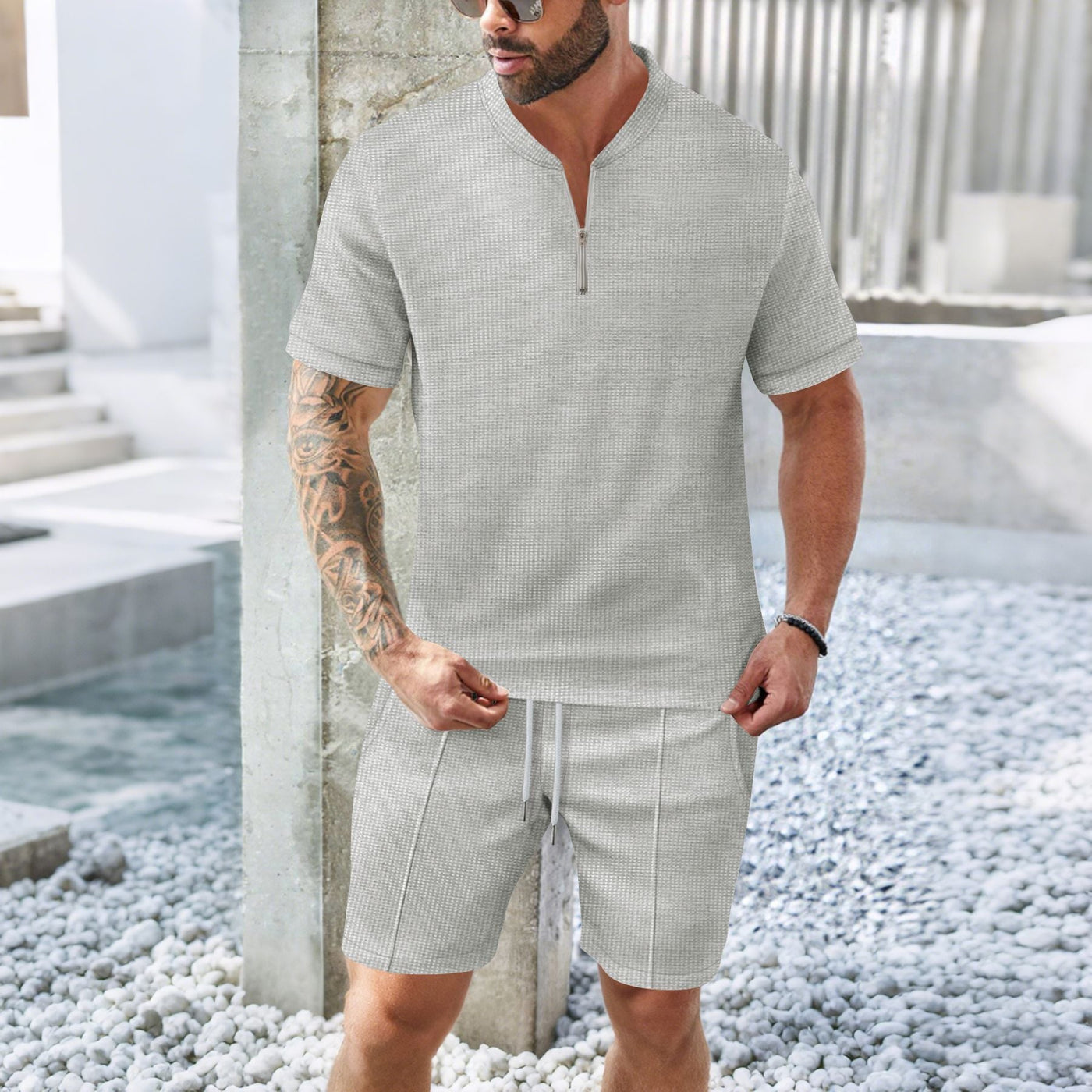 Men’s Sport Set – Relaxed Fit – Stretch Fabric – Zip Neck Top & Shorts