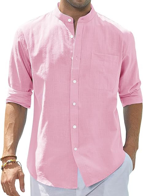Men’s Button-Up Shirt – Relaxed Fit – Natural Fibers – Mandarin Collar – Long Sleeve
