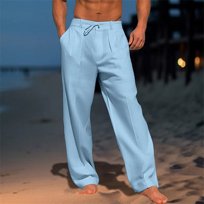 Men’s Linen Trousers – Relaxed Fit – Drawstring Waist – Pleated Front – Full Length