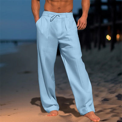 Men’s Linen Trousers – Relaxed Fit – Drawstring Waist – Pleated Front – Full Length