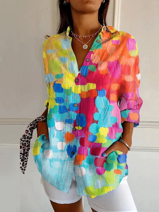 Women’s Button-Down Blouse – Relaxed Fit – Long Sleeve – Abstract Print