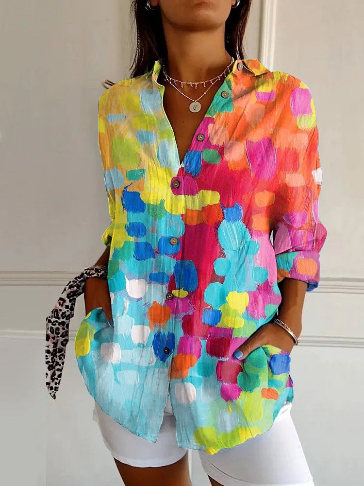 Women’s Button-Down Blouse – Relaxed Fit – Long Sleeve – Abstract Print