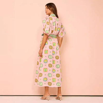 Women’s Midi Dress – Relaxed Fit – Lantern Sleeve – Button Down – Graffiti Print – Belted