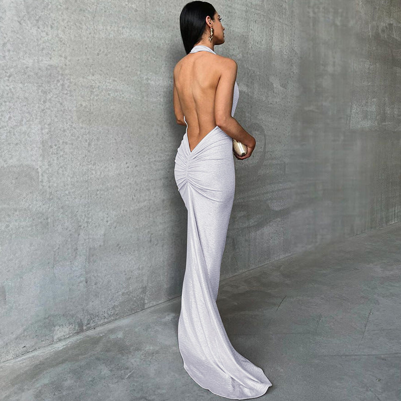 Women’s Maxi Dress – Satin Feel – Slim Fit – Halter Neck – Plunging Open Back