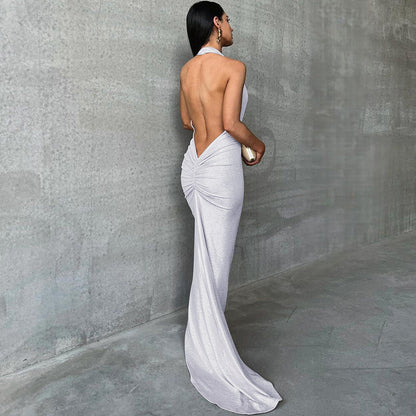 Women’s Maxi Dress – Satin Feel – Slim Fit – Halter Neck – Plunging Open Back