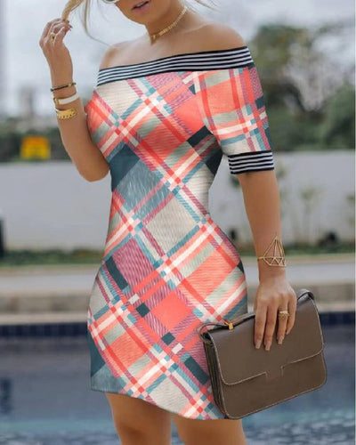 Women’s Off-Shoulder Dress – Slim Fit – Mini Length – Breathable Blend – Graphic Print
