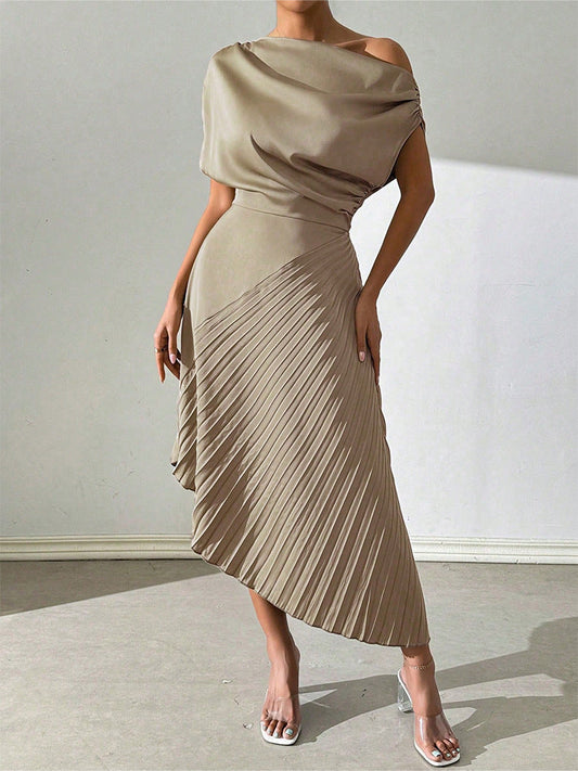 Women’s Midi Dress – One Shoulder – Fitted Draped Bodice – Pleated Asymmetrical Hem