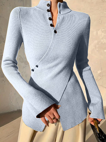 Women’s Knit Top – Slim Fit – High Neck – Asymmetric Hem – Long Sleeve – Button Detail
