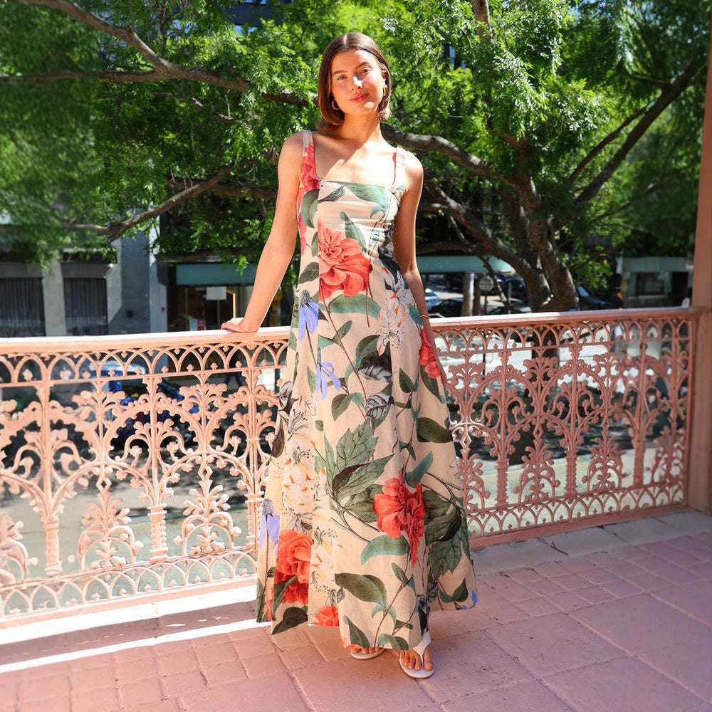 Women’s Maxi Dress – Cotton Blend – Sleeveless – Square Neck – Vintage Floral Print