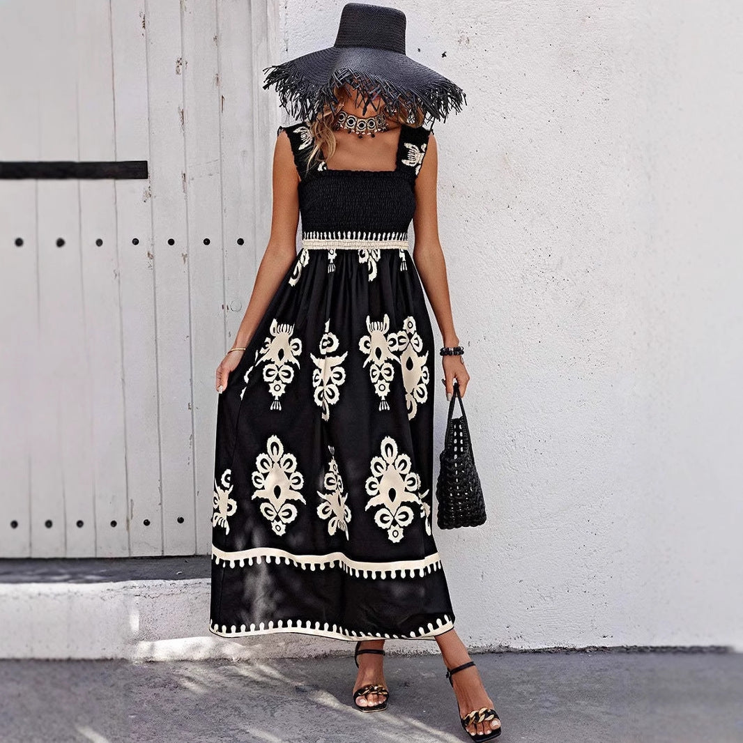 Women’s Maxi Dress – Bohemian Print – Smocked Bodice – Lightweight Cotton – Strappy Fit
