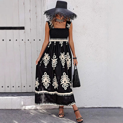 Women’s Maxi Dress – Bohemian Print – Smocked Bodice – Lightweight Cotton – Strappy Fit