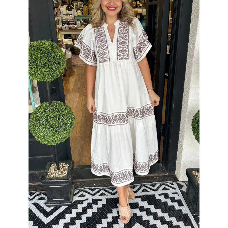 Women’s Midi Dress – Loose Fit – V-Neck – Printed Geometric Detail – Pleated Hem – Cotton