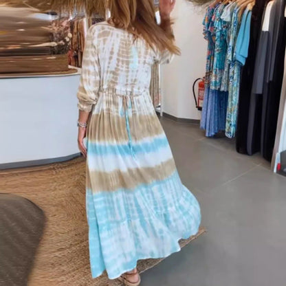 Women’s Kaftan Dress – Relaxed Fit – Natural Fibers – V-Neck – Tie-Dye – Midi Length