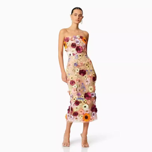 Women’s Strapless Dress – Slim Fit – 3D Floral Appliqué – Sheer Tulle – Midi Length