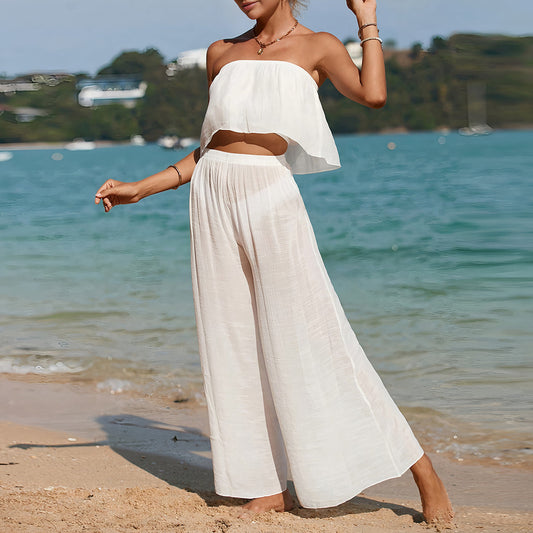 Women’s Two Piece Set – Strapless Crop Top – Wide Leg Trousers – Lightweight Breathable Fit