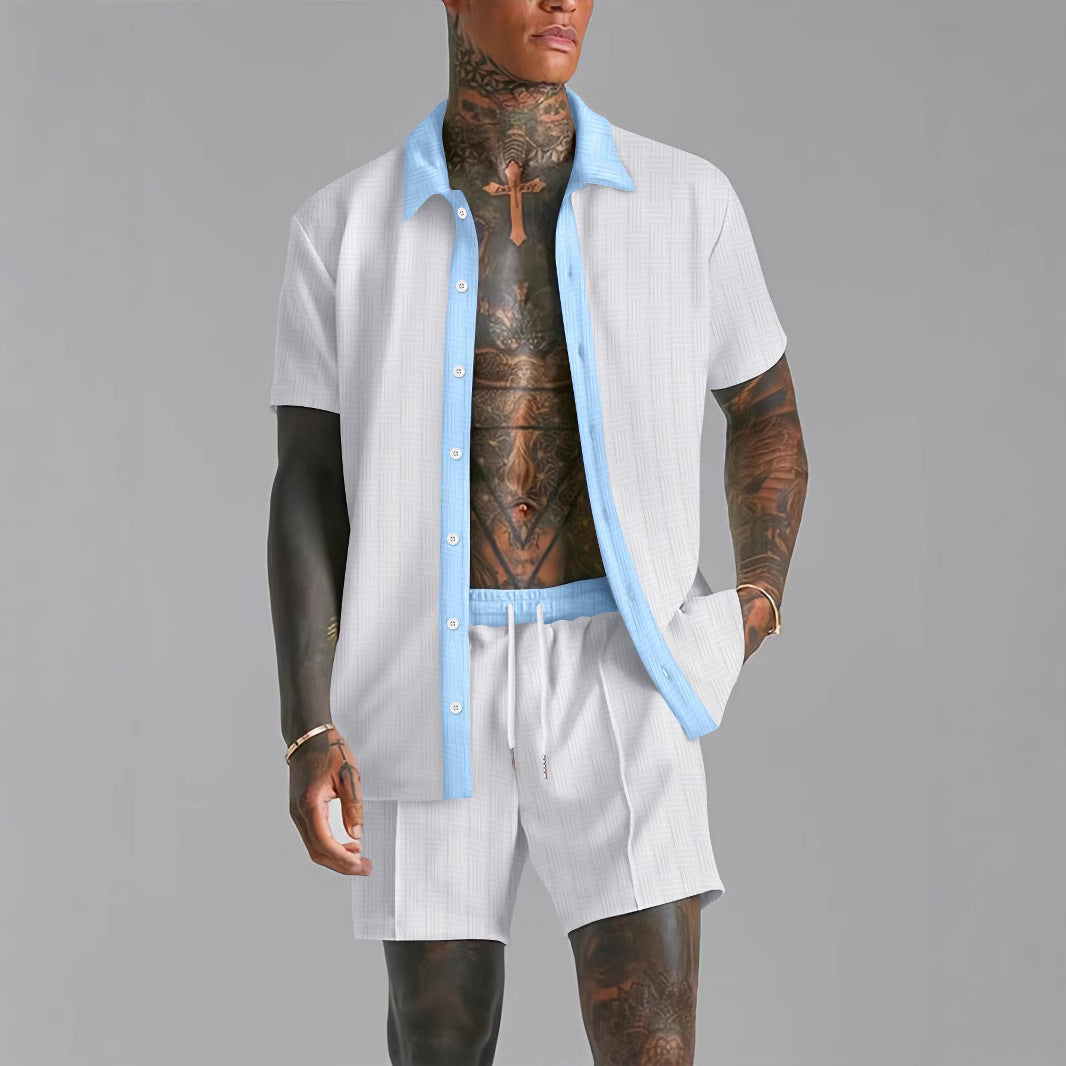 Men’s Shirt and Shorts Set – Cotton Blend – Relaxed Fit – Revere Collar – Drawstring Waist