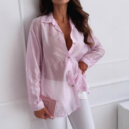 Women’s Long Sleeve Shirt – Oversized Fit – Rhinestone Detail – Button-Down Silky Feel