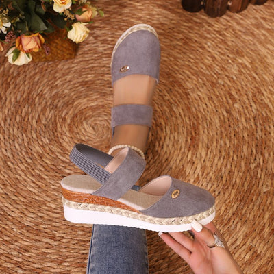 Women’s Wedge Sandals – Closed Toe – Suede-Like Upper – Jute Heel – Wide Straps