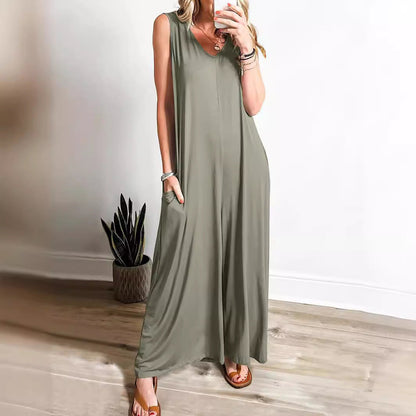 Women’s Maxi Dress – Soft Knit – Relaxed Fit – Sleeveless V-Neck with Pockets