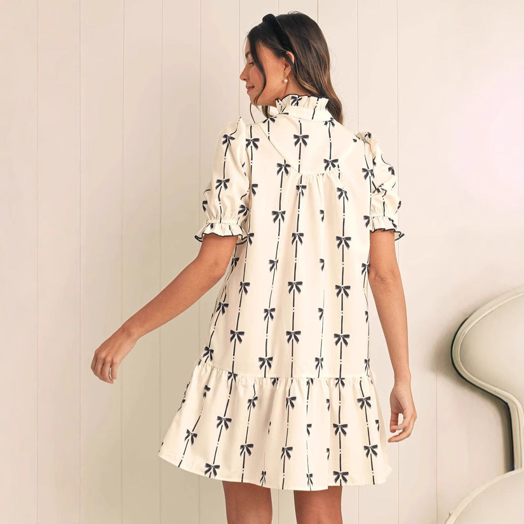 Women’s A-Line Dress – Lightweight Cotton – Puff Sleeve – Bow Print – Above Knee