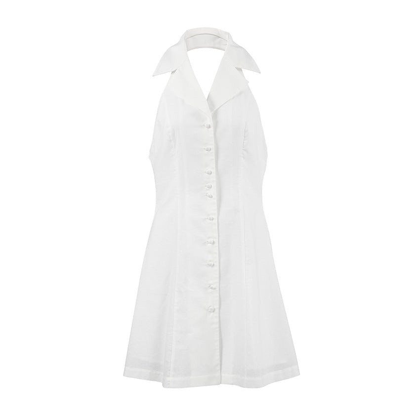 Women’s Mini Dress – Linen Blend – Halter Neck – V-Neck – Button Front A-Line Fit