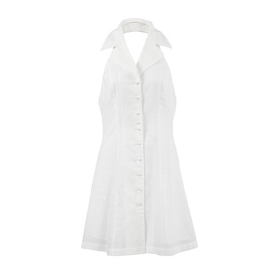 Women’s Mini Dress – Linen Blend – Halter Neck – V-Neck – Button Front A-Line Fit