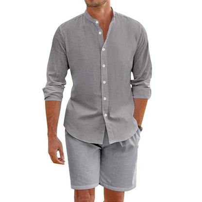 Men’s Two-Piece Set – Linen Blend – Relaxed Fit – Button-Up Shirt & Mid-Thigh Shorts