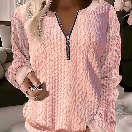 Women’s Zipper Sweatshirt – Cable Knit – Relaxed Fit – Ribbed Trim – Casual Wear