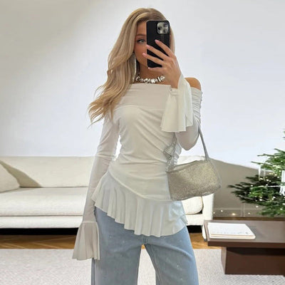 Women’s Off-Shoulder Top – Slim Fit – Ruffle Sleeve – Pleated Hem – Stretch Fabric