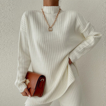 Women’s Knit Set – Ribbed Two-Piece – Relaxed Fit – Semi-High Neck – Full Length