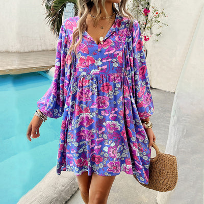 Women’s Short Dress – Lightweight Rayon – Relaxed Fit – V-Neck Floral Print – Long Sleeve